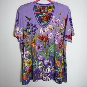 Johnny Was Janie Favorite Swing Tee-V Neck-Short Sleeve-Purple Floral-Size XXL